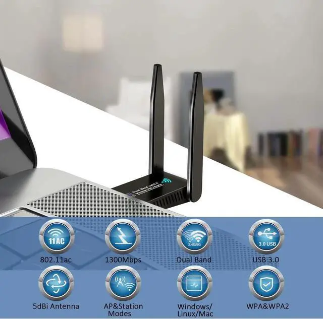 Alt view image 7 of 7 - USB WiFi Adapter 1300Mbps, Dual 5dBi High Gain Antenna Wireless Adapter for PC Desktop Laptop 2.4Ghz/5Ghz WiFi dongle Features 802.11ac Compatible with Windows 10/7/8/8.1/XP/Vista Mac OS Linux