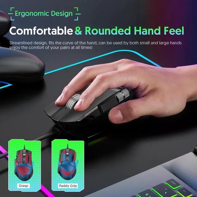 Alt view image 5 of 7 - USB Wired Gaming Mouse, 2 Wheels [1200/3600/4800/7200/9600/12400 dpi] 6 Level DPI Adjustable 7 Colors RGB Backlit Light, 10 Buttons Gaming Mice for Laptop PC Windows MacOS (Black)