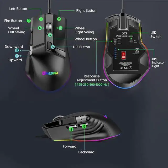 Alt view image 7 of 7 - USB Wired Gaming Mouse, 2 Wheels [1200/3600/4800/7200/9600/12400 dpi] 6 Level DPI Adjustable 7 Colors RGB Backlit Light, 10 Buttons Gaming Mice for Laptop PC Windows MacOS (Black)