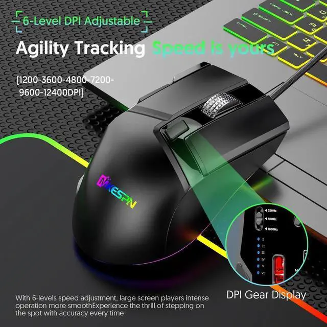 Alt view image 6 of 7 - USB Wired Gaming Mouse, 2 Wheels [1200/3600/4800/7200/9600/12400 dpi] 6 Level DPI Adjustable 7 Colors RGB Backlit Light, 10 Buttons Gaming Mice for Laptop PC Windows MacOS (Black)