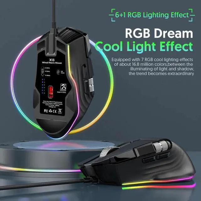 Alt view image 4 of 7 - USB Wired Gaming Mouse, 2 Wheels [1200/3600/4800/7200/9600/12400 dpi] 6 Level DPI Adjustable 7 Colors RGB Backlit Light, 10 Buttons Gaming Mice for Laptop PC Windows MacOS (Black)
