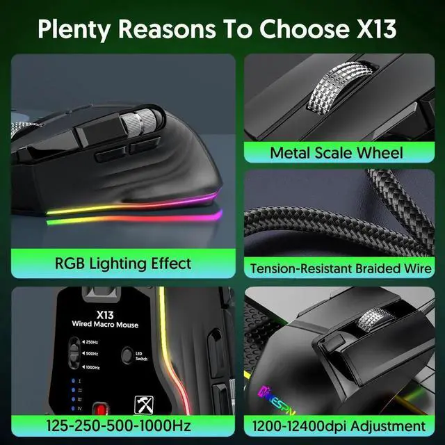 Alt view image 3 of 7 - USB Wired Gaming Mouse, 2 Wheels [1200/3600/4800/7200/9600/12400 dpi] 6 Level DPI Adjustable 7 Colors RGB Backlit Light, 10 Buttons Gaming Mice for Laptop PC Windows MacOS (Black)