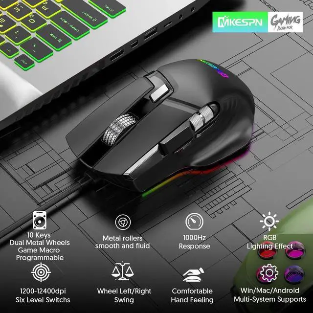 Alt view image 2 of 7 - USB Wired Gaming Mouse, 2 Wheels [1200/3600/4800/7200/9600/12400 dpi] 6 Level DPI Adjustable 7 Colors RGB Backlit Light, 10 Buttons Gaming Mice for Laptop PC Windows MacOS (Black)