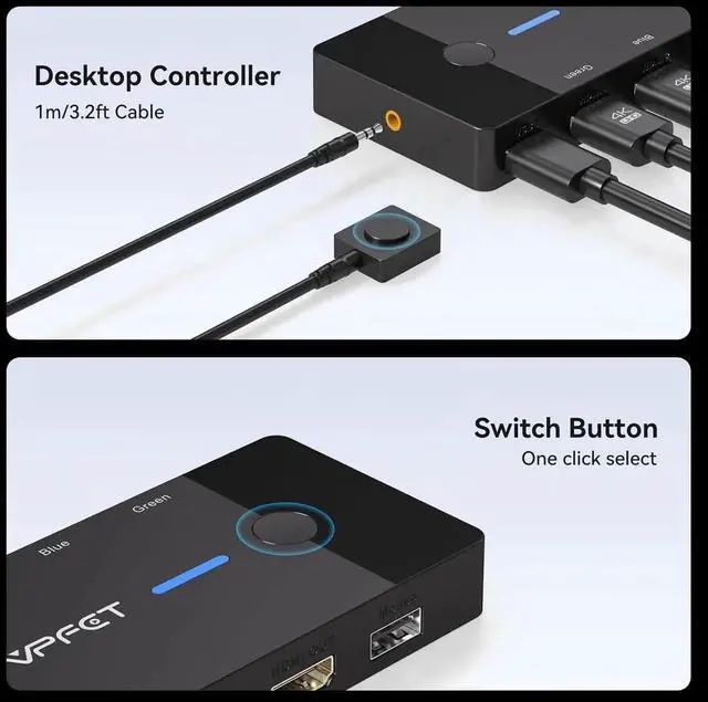 Alt view image 5 of 7 - WISDUM 2 Port HDMI KVM Switch 1 Monitors 2 Computers, 4K@60Hz HDMI USB KVM Switches for 2 Computers Sharing One Monitor and Keyboard Mouse, with 2 USB 2.0 Cables and Desktop Controller