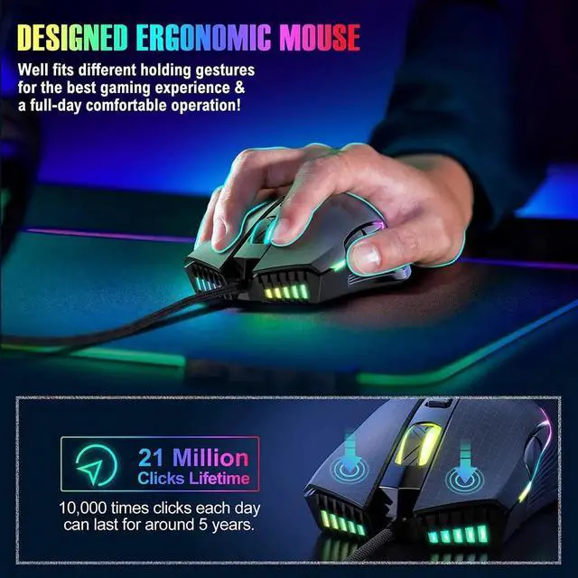 Alt view image 4 of 7 - New Version USB Gaming Mouse Wired, LED RGB Backlit 6400 DPI Adjustable Gaming Mouse, Grip Ergonomic Optical PC Computer Gaming Mice, 7 Buttons Gaming Mice for Windows 7/8/10/XP Vista Linux(Black)