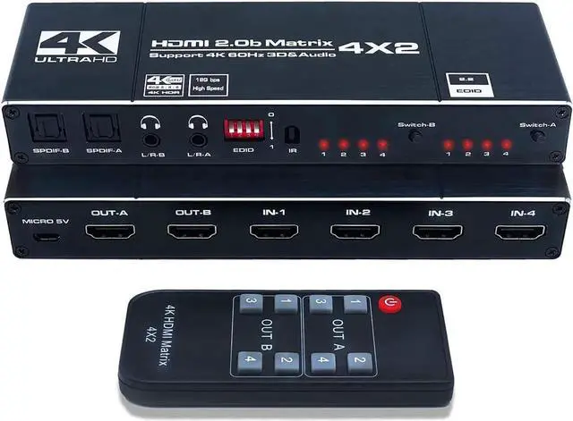 Main image of WISDUM  HDMI Matrix Switch 4x2, 4K HDMI Matrix Switcher Splitter 4 in 2 Out Box with EDID Extractor and IR Remote Control Support 4K HDR, HDMI 2.0b, HDCP 2.2, 4K @60Hz, 3D, 1080P