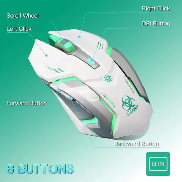 Alt view image 6 of 7 - WISDUM 2.4G RF Wireless Gaming Mouse, Silent Click Wireless Rechargeable Mouse with Colorful LED Lights and 3 Level DPI 400mah Lithium Battery for Laptop and Computer (Black) White