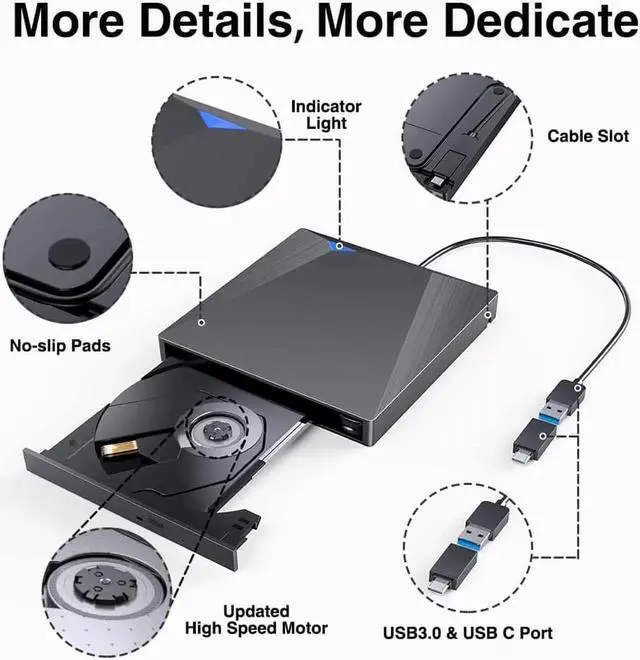 Alt view image 4 of 7 - WISDUMExternalCD DVD Drive, USB 3.0 Type-C CD/DVD Burner, Portable USB C Superdrive Burner Player Writer CD DVD +/- RW, Compatible with Windows 10 8 7 XP Vista Mac OS Linux for Mac Pro Air iMac Laptop