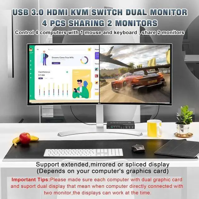 Alt view image 4 of 7 - USB 3.0 Dual Monitor HDMI KVM Switch for 4 PCs, Supports EDID, 4K 60Hz KVM Switch 2 Monitors 4 Computers, with Audio Microphone Output and 3 USB 3.0 Ports, PC Monitor Keyboard Mouse Switcher for4 PC