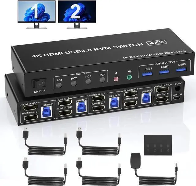 Main image of USB 3.0 Dual Monitor HDMI KVM Switch for 4 PCs, Supports EDID, 4K 60Hz KVM Switch 2 Monitors 4 Computers, with Audio Microphone Output and 3 USB 3.0 Ports, PC Monitor Keyboard Mouse Switcher for4 PC