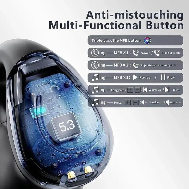 Alt view image 3 of 7 - Open Ear Clip Headphones, True Wireless Earbuds Bluetooth 5.3, Sports Earbuds Built-in Microphone with Earhooks & Ear Hook, Wireless Charging Case & Display, Waterproof Fitness Earbuds for Running