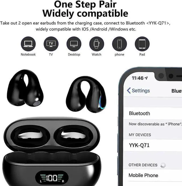 Alt view image 4 of 7 - Open Ear Clip Headphones, True Wireless Earbuds Bluetooth 5.3, Sports Earbuds Built-in Microphone with Earhooks & Ear Hook, Wireless Charging Case & Display, Waterproof Fitness Earbuds for Running