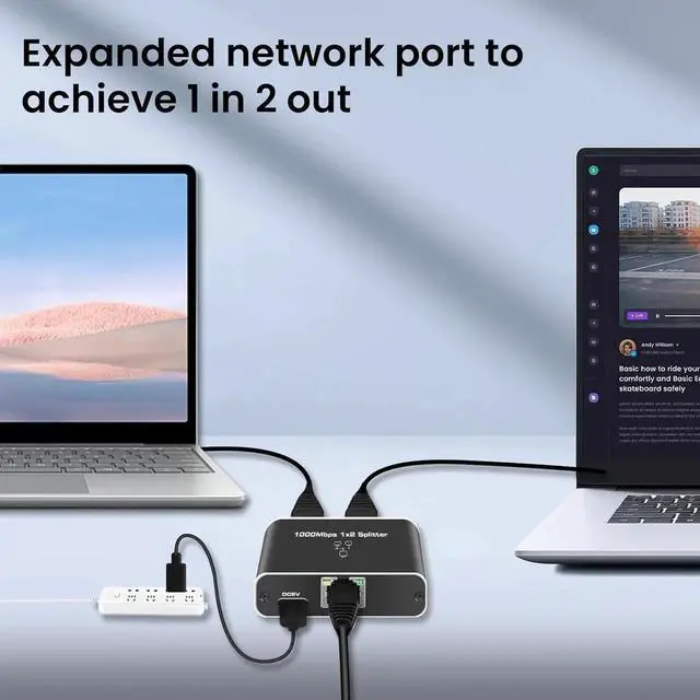 Alt view image 2 of 7 - RJ45 Ethernet Splitter 1 to 2 Out, 1000Mbps Network Splitter with USB Power Cable, Gigabit LAN Internet Splitter Connector for Cat 5/5e/6/7/8, Support Two Devices Working Simultaneously