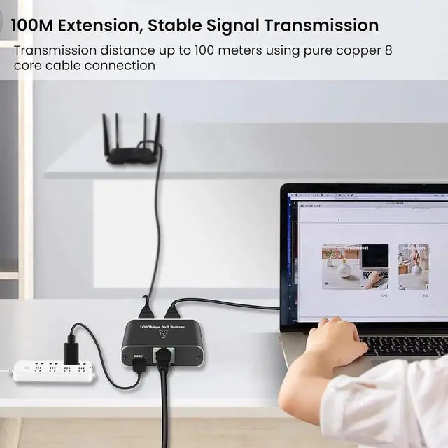 Alt view image 3 of 7 - RJ45 Ethernet Splitter 1 to 2 Out, 1000Mbps Network Splitter with USB Power Cable, Gigabit LAN Internet Splitter Connector for Cat 5/5e/6/7/8, Support Two Devices Working Simultaneously