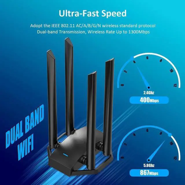 Alt view image 2 of 7 - WISDUM USB WiFi Adapter for Desktop PC, AC1300Mbps USB Wireless Adapter Dual Band 2.4GHz 400Mbps + 5.8GHz 867Mbps, 4x 6dBi High Gain Antennas, USB 3.0 WiFi Dongle for Windows 7/8/8.1/10/11, XP, Linux