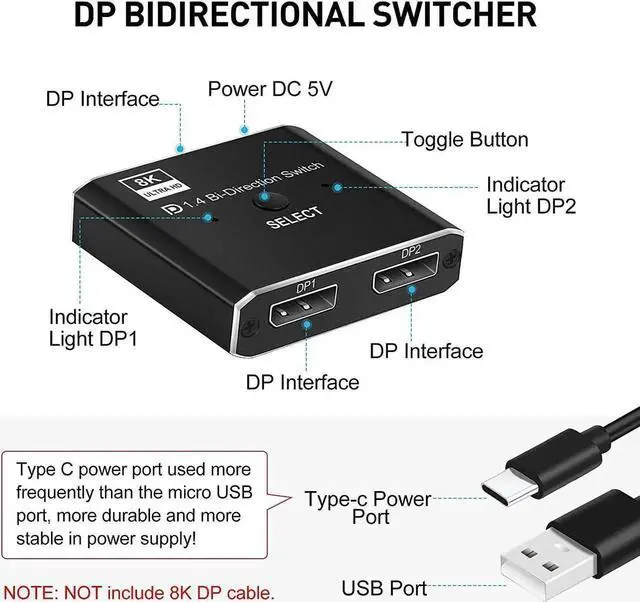 Alt view image 2 of 7 - 8K DisplayPort DP 1.4 Switch, Bi-Direction 1 in 2 Out, 2 in 1 Out Displayport DP Switch, 8K @30Hz 4K @120Hz Displayport Splitter Switcher for Multiple Source and displays