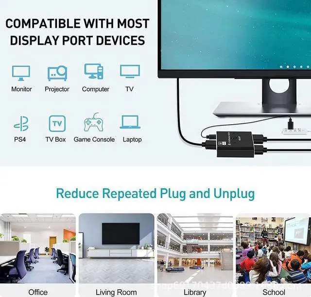 Alt view image 5 of 7 - 8K DisplayPort DP 1.4 Switch, Bi-Direction 1 in 2 Out, 2 in 1 Out Displayport DP Switch, 8K @30Hz 4K @120Hz Displayport Splitter Switcher for Multiple Source and displays