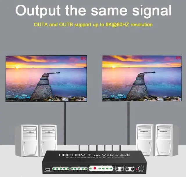 Alt view image 5 of 7 - HDMI2.1 8K HDMI Matrix 4x2, 8K @30Hz 8K@60HZ 4K@60Hz 120Hz HDMI Switch HDR ARC/CEC Switch Splitter 4 in 2 Out Optical SPDIF 5.1CH + RCA Stereo Audio Extractor HDMI Switcher