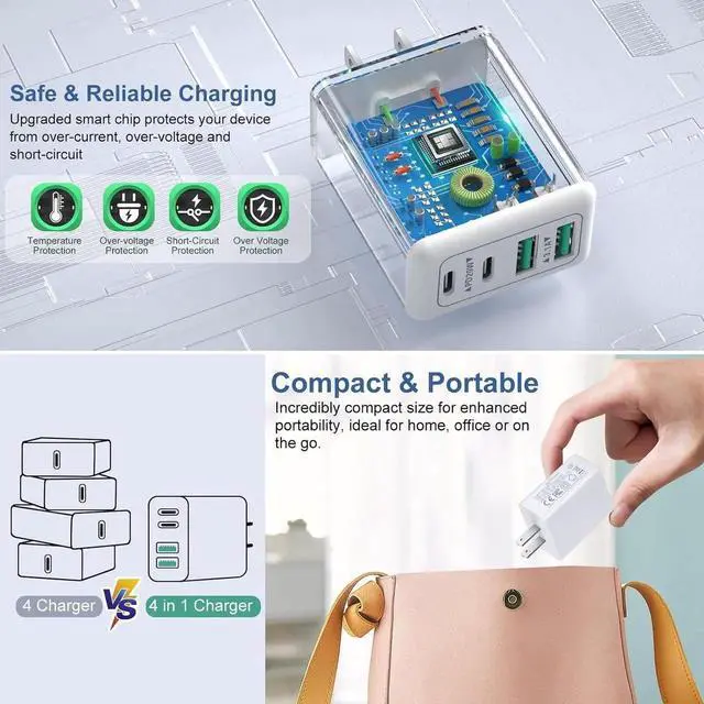 Alt view image 6 of 7 - [3-Pack] USB C Wall Charger, 40W 4-Port USB C Charger Block, Fast Charging Block Dual Port PD + QC 3.0 Wall Plug Multiport Type C Compatible with i-Phone 14/13/12/11/Pro Max/XS, Android Phones,Tablet