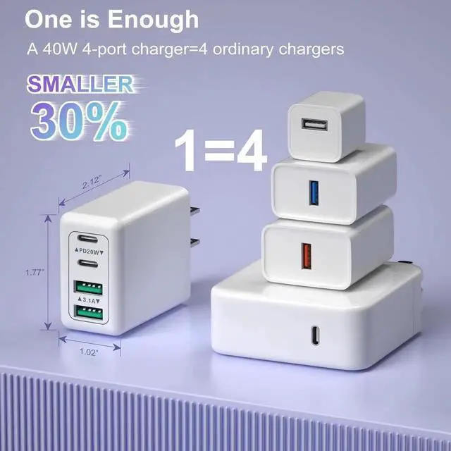 Alt view image 5 of 7 - [3-Pack] USB C Wall Charger, 40W 4-Port USB C Charger Block, Fast Charging Block Dual Port PD + QC 3.0 Wall Plug Multiport Type C Compatible with i-Phone 14/13/12/11/Pro Max/XS, Android Phones,Tablet