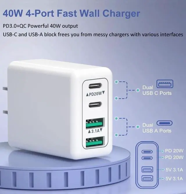 Alt view image 2 of 7 - [3-Pack] USB C Wall Charger, 40W 4-Port USB C Charger Block, Fast Charging Block Dual Port PD + QC 3.0 Wall Plug Multiport Type C Compatible with i-Phone 14/13/12/11/Pro Max/XS, Android Phones,Tablet