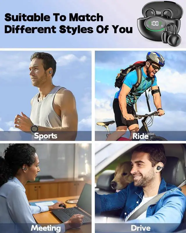 Alt view image 6 of 7 - WISDUM Ear Clip Earbuds, Bluetooth 5.3 Wireless Bluetooth Headphones with 4 HD Mic and 42 Hours Reproduction Dual LED Display Charging Case, IPX7 Waterproof Sports Wireless Earbuds