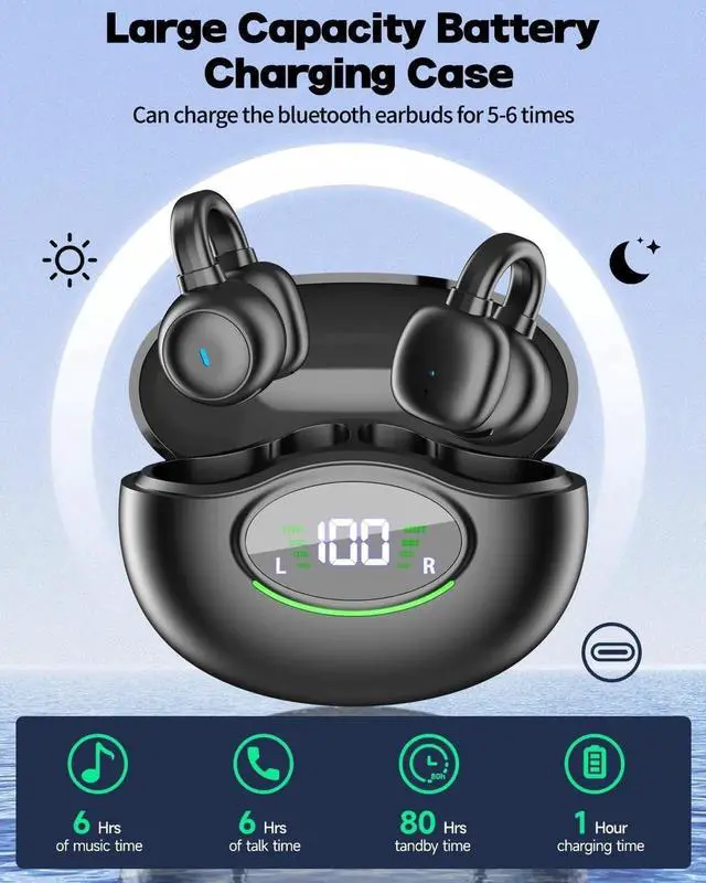 Alt view image 2 of 7 - WISDUM Ear Clip Earbuds, Bluetooth 5.3 Wireless Bluetooth Headphones with 4 HD Mic and 42 Hours Reproduction Dual LED Display Charging Case, IPX7 Waterproof Sports Wireless Earbuds
