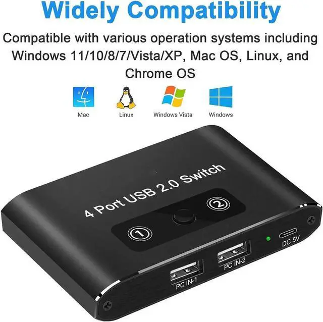 Alt view image 6 of 7 - USB 2.0 Switch 2 in 4 Out, KVM USB Switcher 2 Computers Share 4 USB Port Selector Box for Keyboard, Mouse, Printer, U-Disk, One-Button Swapping with 2 USB A Cable Compatible with Mac/Windows/Linux
