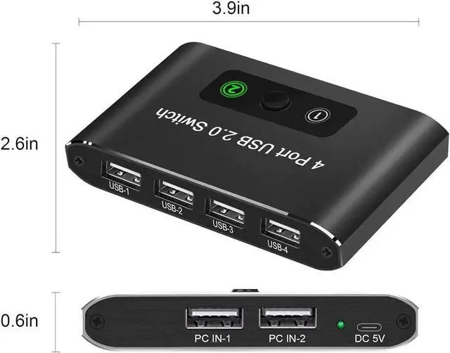 Alt view image 7 of 7 - USB 2.0 Switch 2 in 4 Out, KVM USB Switcher 2 Computers Share 4 USB Port Selector Box for Keyboard, Mouse, Printer, U-Disk, One-Button Swapping with 2 USB A Cable Compatible with Mac/Windows/Linux