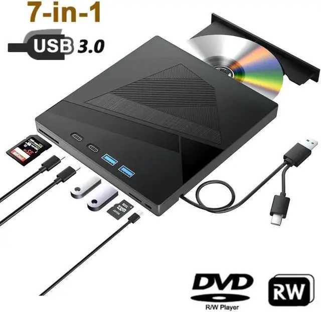Main image of WISDUM  7-in-1 External CD/DVD Drive for Laptop, USB 3.0 and Type-C DVD Player Portable +/-RW Burner,Reader Rewriter Writer Disk Duplicator Compatible with Latptop PC Windows XP/7/8/10, Linux MacOS