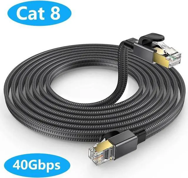 Main image of Cat 8 Ethernet Cable 16.4 Feet / 5M, Braided Flat Cat8 High Speed Internet Cable, Shielded Gold Plated Connector, 28 AWG, 40Gbps, 2000Mhz, LAN Network Cord Compatible with Gaming, Modem, Router