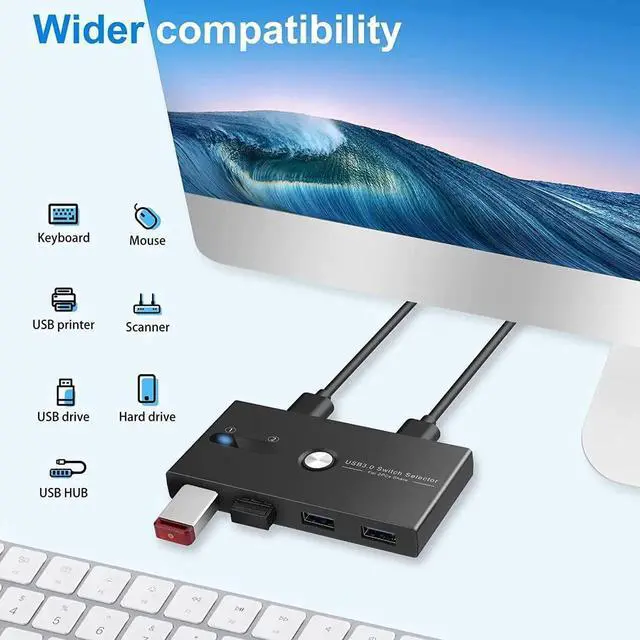 Alt view image 2 of 7 - USB 3.0 KVM Switch Selector 2 Computers Sharing 4 USB Devices 4 Port USB Peripheral Switcher Box 2 in 4 Out with One-Button Swapping 2 Pack USB 3.0 Cable for Mouse, Keyboard, Scanner,Printer,Computer