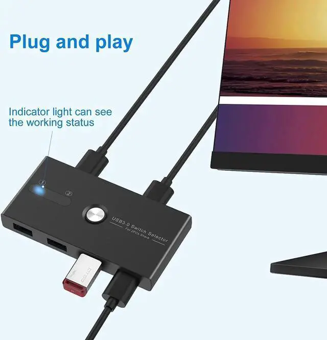 Alt view image 6 of 7 - USB 3.0 KVM Switch Selector 2 Computers Sharing 4 USB Devices 4 Port USB Peripheral Switcher Box 2 in 4 Out with One-Button Swapping 2 Pack USB 3.0 Cable for Mouse, Keyboard, Scanner,Printer,Computer