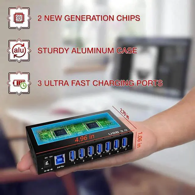 Alt view image 3 of 7 - 7 Ports USB Hub 3.0 Powered USB Hub Spllitter - High-Speed Data Transfer - Aluminium Alloy, with Power Adapter 12V/3A/36W, HDD, USB Flash Drive, Laptop, Mouse, Console