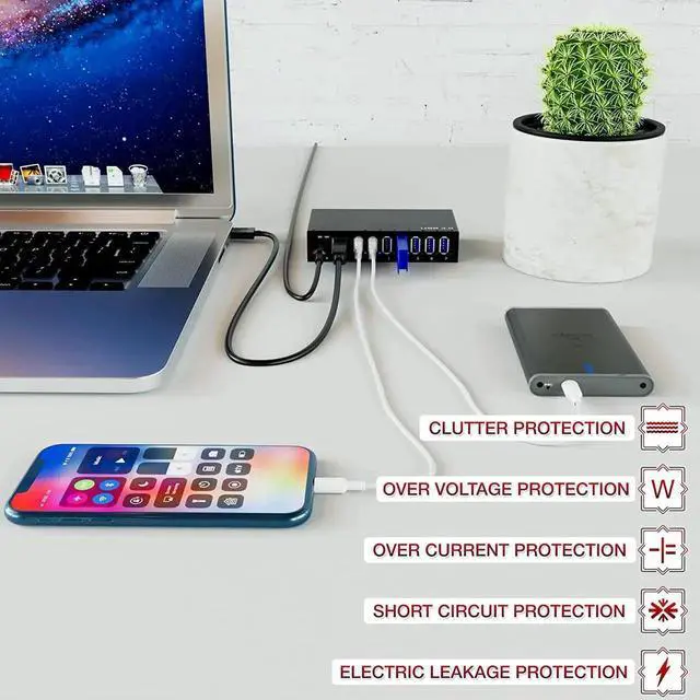Alt view image 6 of 7 - 7 Ports USB Hub 3.0 Powered USB Hub Spllitter - High-Speed Data Transfer - Aluminium Alloy, with Power Adapter 12V/3A/36W, HDD, USB Flash Drive, Laptop, Mouse, Console