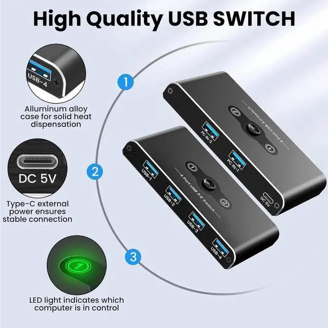 Alt view image 6 of 7 - USB 3.0 Switch: This aluminum USB 3.0 switch supports 2 computers to share 4 USB 3.0 peripheral devices, improves productivity, and saves space. Release you from plugging and unplugging USB cables or
