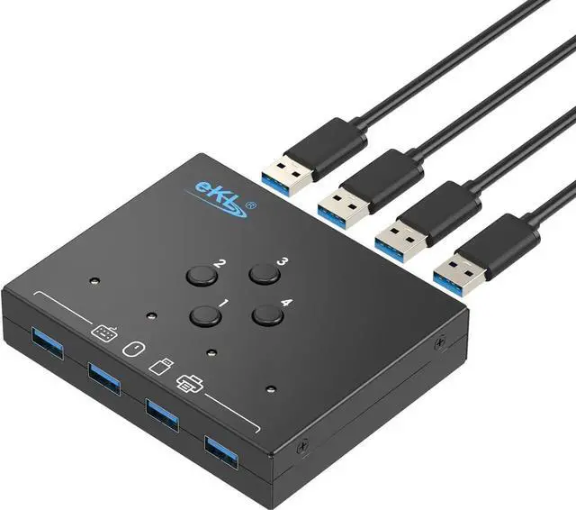 Main image of 4 in 4 Out USB 3.0 Switch, USB 3.0 Switch for 4 Computers Sharing 4 USB Peripheral Devices Switcher Hub for PC Laptop Mouse Keyboard Scanner Printer with One Button Swapping and 3.5mm Audio Output