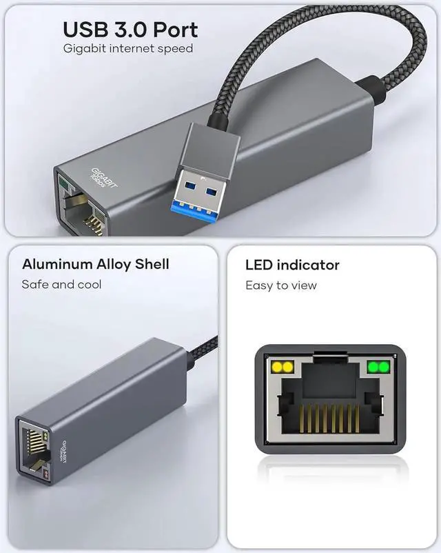 Alt view image 5 of 7 - USB to Ethernet Adapter, USB 3.0 to 10/100/1000 Gigabit Wired LAN Network Adapter, 1000Mbps RJ45 Internet Adapter Compatible with M-ac-Book,Surface,Laptop PC with Windows 11/10/8.1/8/XP, macOS, Linux