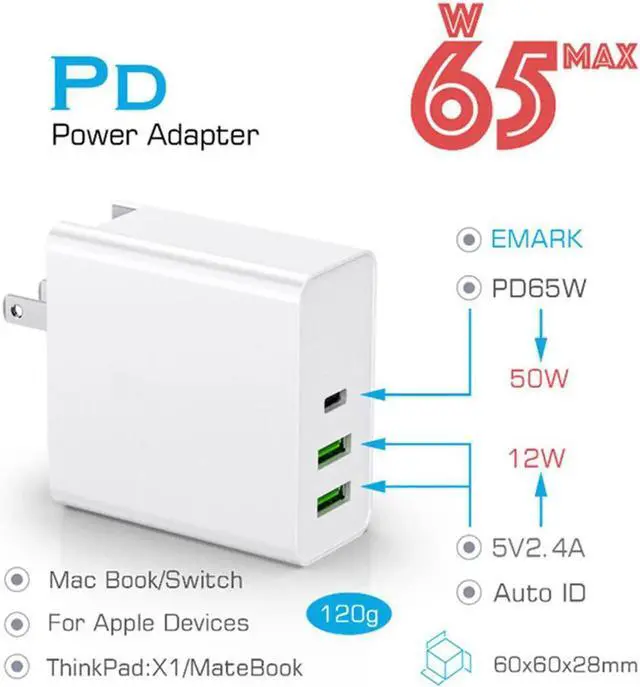 Alt view image 2 of 7 - USB C Charger, 65W PD QC3.0 Charger Fast Charger with Foldable Plug, Ultra-Compact USB C Wall Charger Compatible with iPhone 11 Pro Max, AirPods Pro, Google Pixel 3 XL, LG G5, Huawei, Samsung - White
