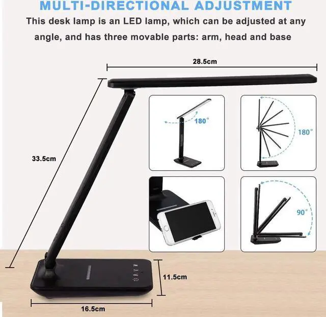 Alt view image 5 of 7 - WISDUM  Desk Lamp, LED Desk Lamp with Wireless Charger, USB Charging Port, Adjustable Foldable ?Table Lamp with Clock, Alarm, Date, Temperature, 3-Level Dimmable ?Lighting?, Office Lamp with Adapter