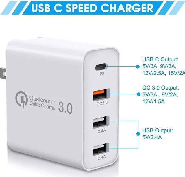 Alt view image 2 of 7 - USB C Charger, 48W 4 Ports Fast Charging PD Wall Chargers Quick Charge 3.0, Multi Port USB-C Travel Adapter for SamsungS10/S9/S8/Plus, iPhone Xs/Max/XR/iPhone11, Mainstream Models, Fully Compatible