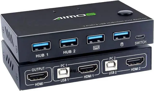 Main image of KVM Switch HDMI 2 Port Box, AIMOS USB and HDMI Switches 4 USB Hub, UHD 4K @30Hz, for 2 Computers Share Keyboard Mouse and one HD Monitor