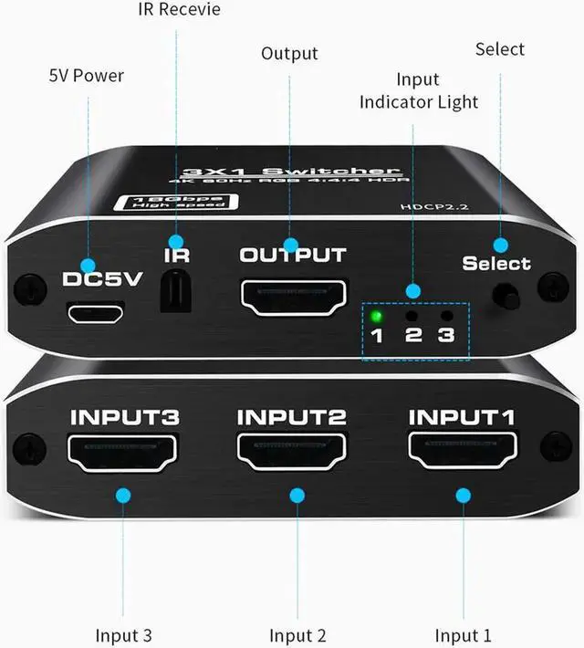 Alt view image 5 of 7 - 3x1 HDMI Splitter Aluminum HDMI Switch 3 in 1 Out with IR Remote Control, Supports 4k@60HZ 3D HD1080P, HDMI Switcher for PS3 PS4 Pro TV