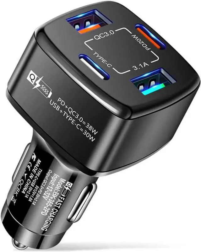 Main image of WISDUM 4-Port USB C Car Charger, PD & QC3.0 38W Fast Charging 4 USB Car Charger Adapter, Suitable for IOS & Android SmartPhones (Black)