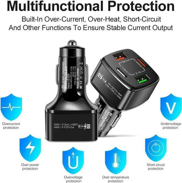 Alt view image 7 of 7 - WISDUM 4-Port USB C Car Charger, PD & QC3.0 38W Fast Charging 4 USB Car Charger Adapter, Suitable for IOS & Android SmartPhones (Black)