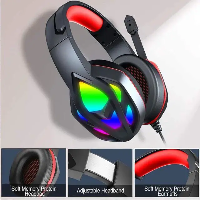 Alt view image 3 of 7 - Wired Gaming Headset for PC Xbox One, Over Ear Headphones with Color Changing LED Light, Gaming Headphones for PS4 PS5 Laptop Mac, Stereo Mic Surround Sound, 3.5mm Audio Jack, Foam Ear Pads, Black Red