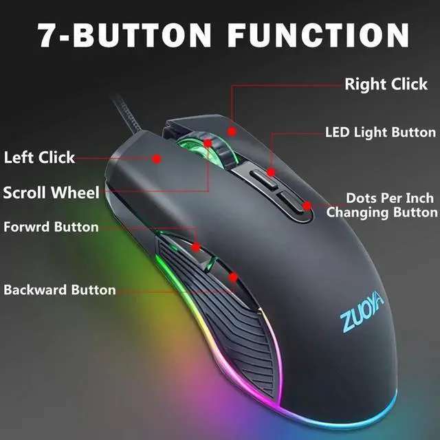 Alt view image 5 of 6 - WISDUM Wired Gaming Mouse RGB Backlit Computer Mice 3600 DPI Adjustable Ergonomic Optical Game Mouse 7 Buttons for Gamer Windows PC