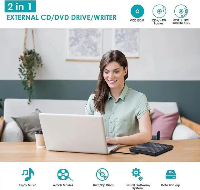 Alt view image 2 of 7 - WISDUM External DVD Drive with USB 3.0 & Type-C Converter External CD DVD Drive Portable CD DVD RW Reader Re-writer Burner for Laptop Desktop PC Compatible with Windows Mac OS Vista Linux System