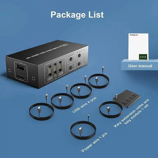 Alt view image 7 of 7 - HDMI KVM Switch 4 Port, USB Switch Share 4 Computers with One Monitor One-Button Swapping, HD 4K @60Hz, 4 In 1 Out KVM Switcher for Mouse Keyboard Printer Scanner with 4 USB Cables 1 Power Cable