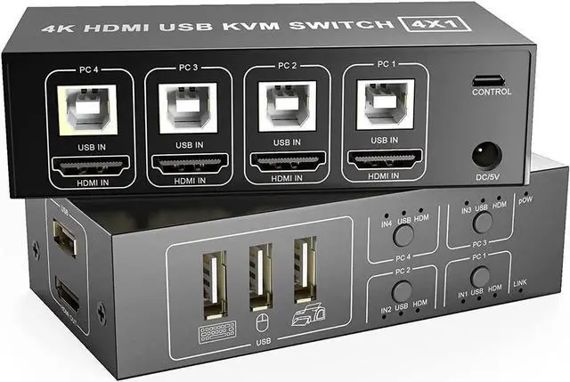 Main image of HDMI KVM Switch 4 Port, USB Switch Share 4 Computers with One Monitor One-Button Swapping, HD 4K @60Hz, 4 In 1 Out KVM Switcher for Mouse Keyboard Printer Scanner with 4 USB Cables 1 Power Cable